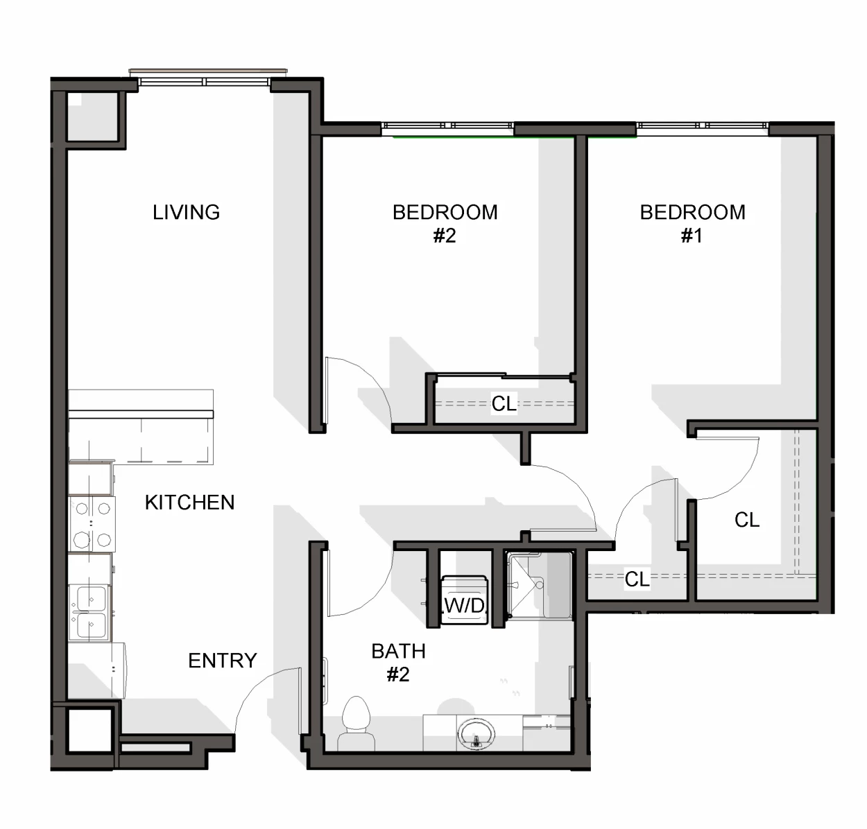 LS Two Bedroom One Bath Unit C1b 868 SF
