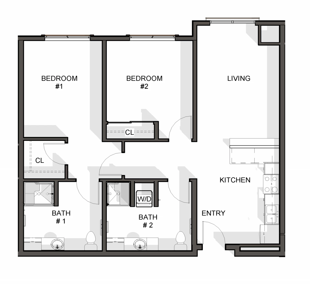 LS Two Bedroom Two Bath Unit C1, C1d 946 SF
