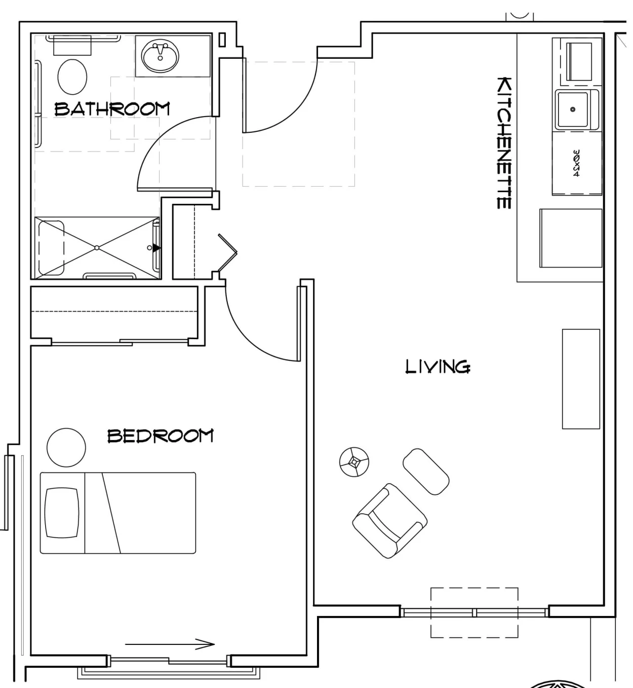1 bedroom 546 SF